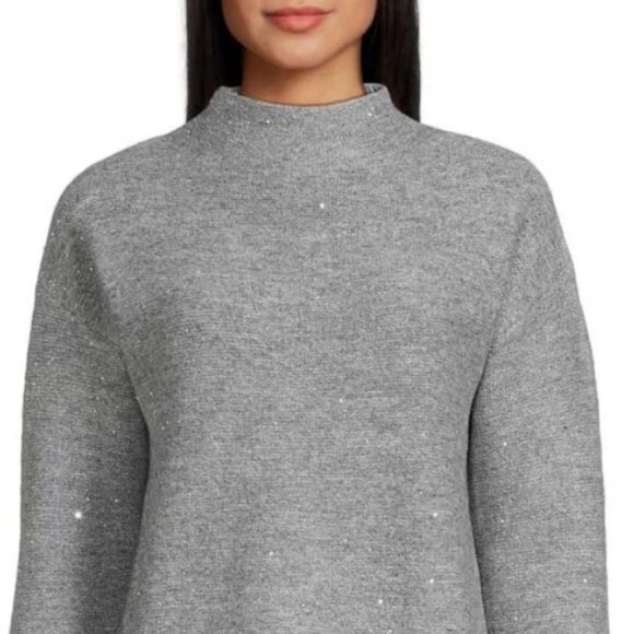 NEW Calvin Klein - Size L, Sequin Drop Shoulder Mock Neck Sweater - Heather Grey - Picture 2 of 2